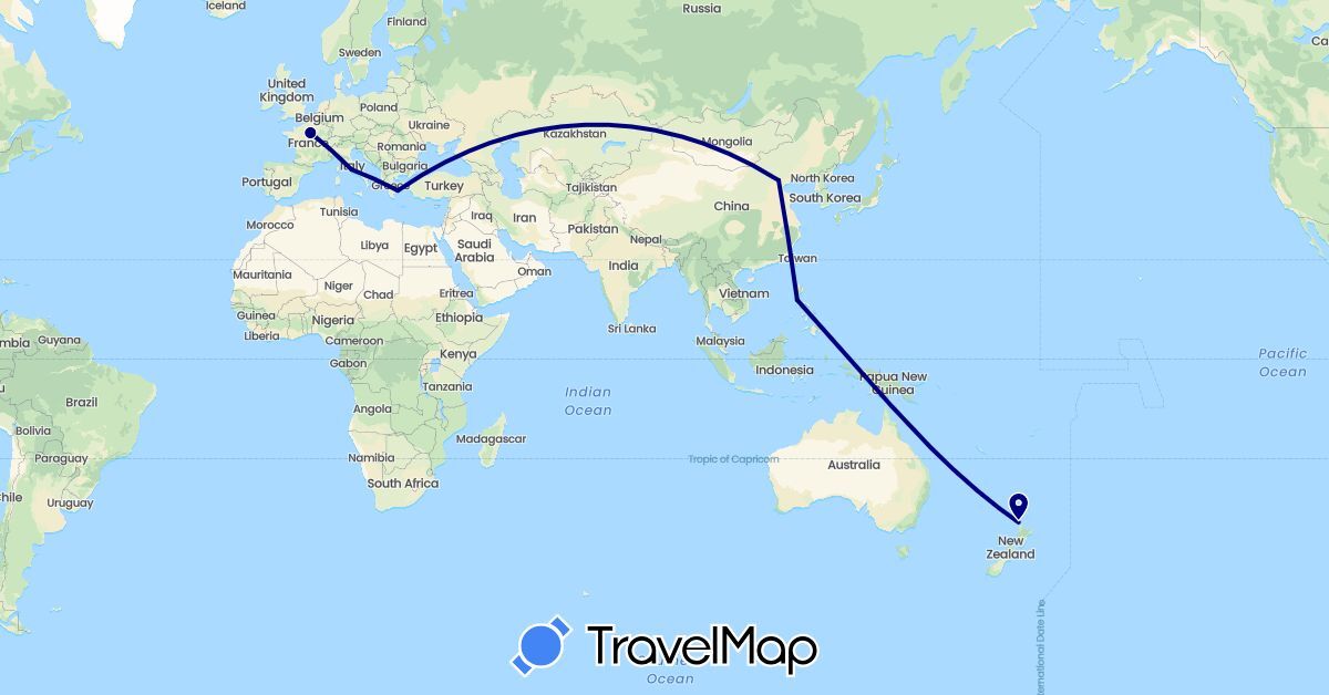 TravelMap itinerary: driving in China, France, Greece, Italy, New Zealand, Philippines (Asia, Europe, Oceania)